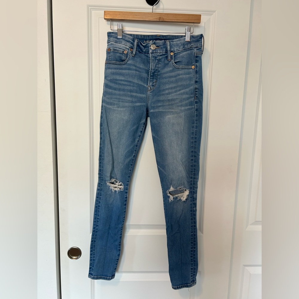American Eagle Blue Skinny Jeans with Distressed Details